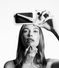 hailey with peptide lip shape, black snap-on lip case + scented peptide lip tint toast